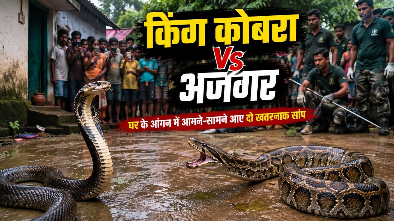 घर के आंगन में आमने-सामने खड़े किंग कोबरा और विशाल अजगर का प्रतीकात्मक दृश्य।