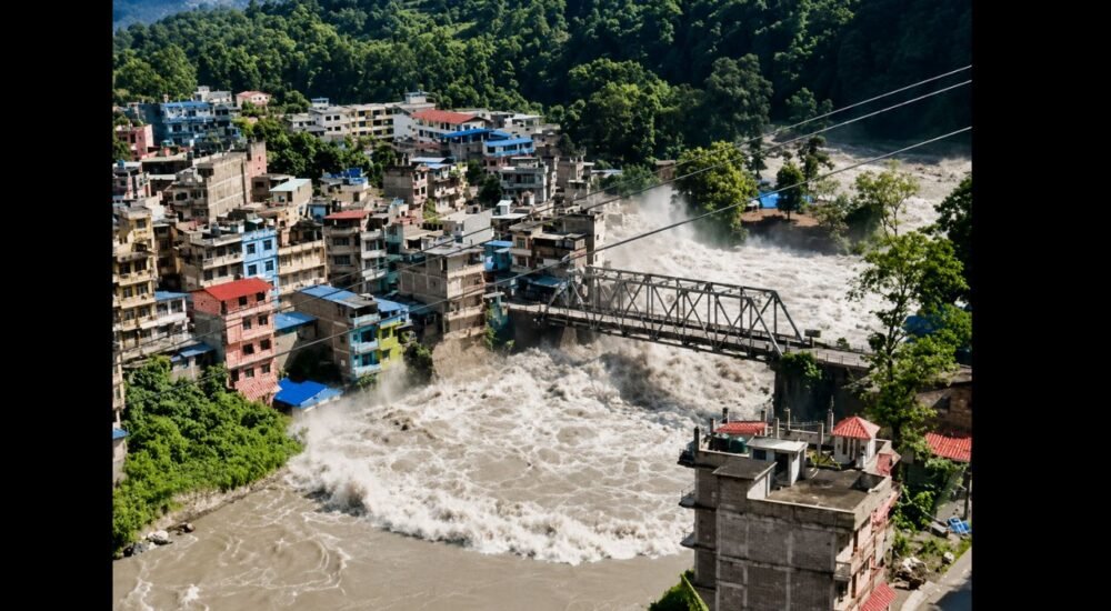 नेपाल में भोटेकोशी नदी की फ्लैश फ्लड और बिहार में बाढ़ अलर्ट को दर्शाती न्यूज इमेज