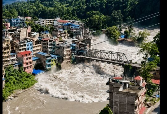 नेपाल में भोटेकोशी नदी की फ्लैश फ्लड और बिहार में बाढ़ अलर्ट को दर्शाती न्यूज इमेज