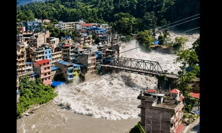 नेपाल में भोटेकोशी नदी की फ्लैश फ्लड और बिहार में बाढ़ अलर्ट को दर्शाती न्यूज इमेज