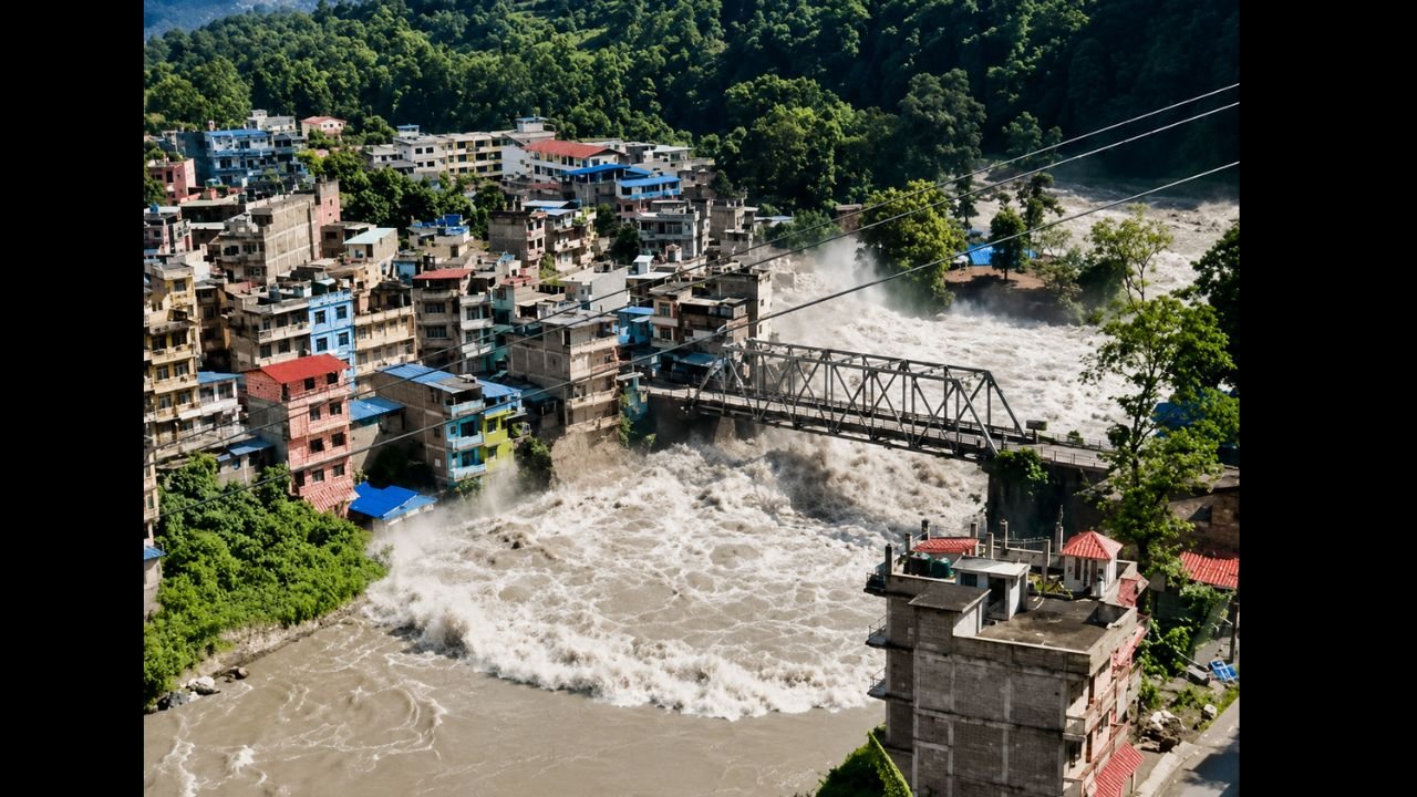 नेपाल में भोटेकोशी नदी की फ्लैश फ्लड और बिहार में बाढ़ अलर्ट को दर्शाती न्यूज इमेज