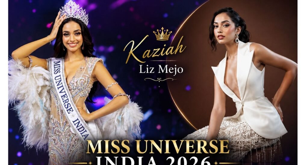 Miss Universe India 2026 विजेता कजिया लिज मेजो ताज और सैश के साथ