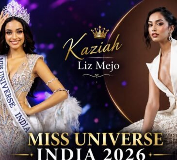 Miss Universe India 2026 विजेता कजिया लिज मेजो ताज और सैश के साथ