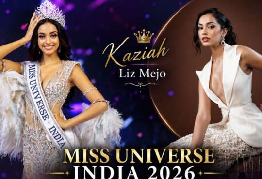 Miss Universe India 2026 विजेता कजिया लिज मेजो ताज और सैश के साथ