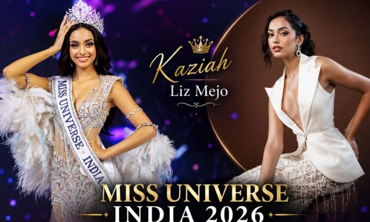 Miss Universe India 2026 विजेता कजिया लिज मेजो ताज और सैश के साथ
