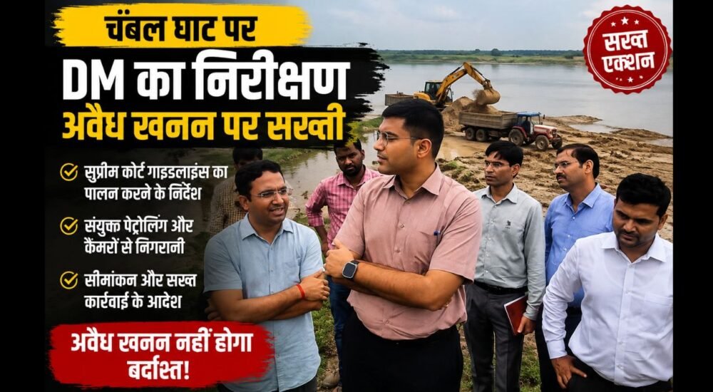 चंबल घाट पर DM अधिकारियों के साथ अवैध खनन की निगरानी करते हुए
