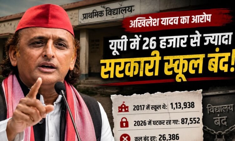 प्रेस कॉन्फ्रेंस के दौरान उत्तर प्रदेश के सरकारी स्कूलों पर आरोप लगाते समाजवादी पार्टी अध्यक्ष अखिलेश यादव।