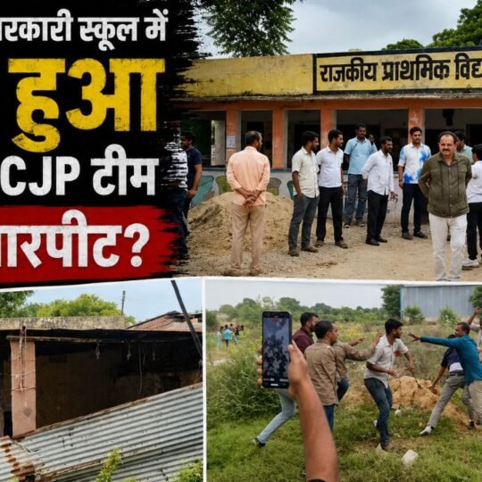 रामपुरा-कंवरपुरा सरकारी स्कूल के बाहर विवाद के दौरान जुटे लोग और स्कूल की जर्जर इमारत