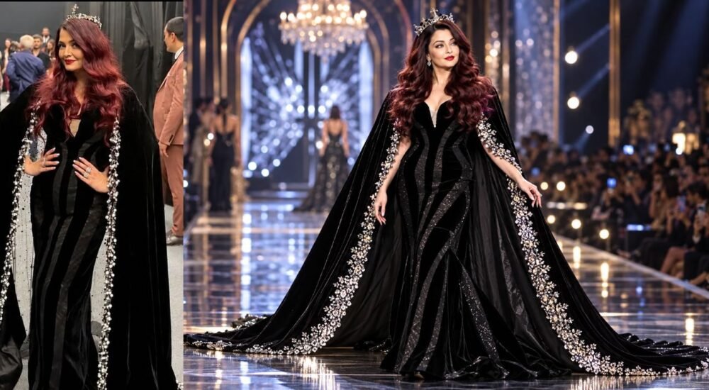 L'Oréal Paris runway पर कस्टम ब्लैक गाउन और केप में ऐश्वर्या राय बच्चन