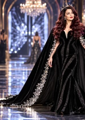 L'Oréal Paris runway पर कस्टम ब्लैक गाउन और केप में ऐश्वर्या राय बच्चन