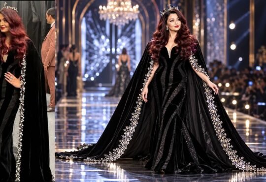 L'Oréal Paris runway पर कस्टम ब्लैक गाउन और केप में ऐश्वर्या राय बच्चन