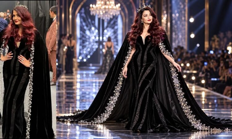 L'Oréal Paris runway पर कस्टम ब्लैक गाउन और केप में ऐश्वर्या राय बच्चन