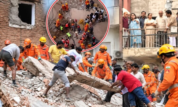 सत्य निकेतन इमारत हादसे के बाद मलबे में रेस्क्यू ऑपरेशन करते बचावकर्मी