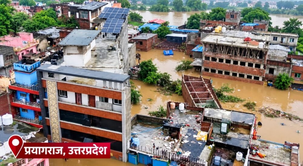 भारी बारिश और बाढ़ के कारण प्रभावित इलाके की तस्वीर।