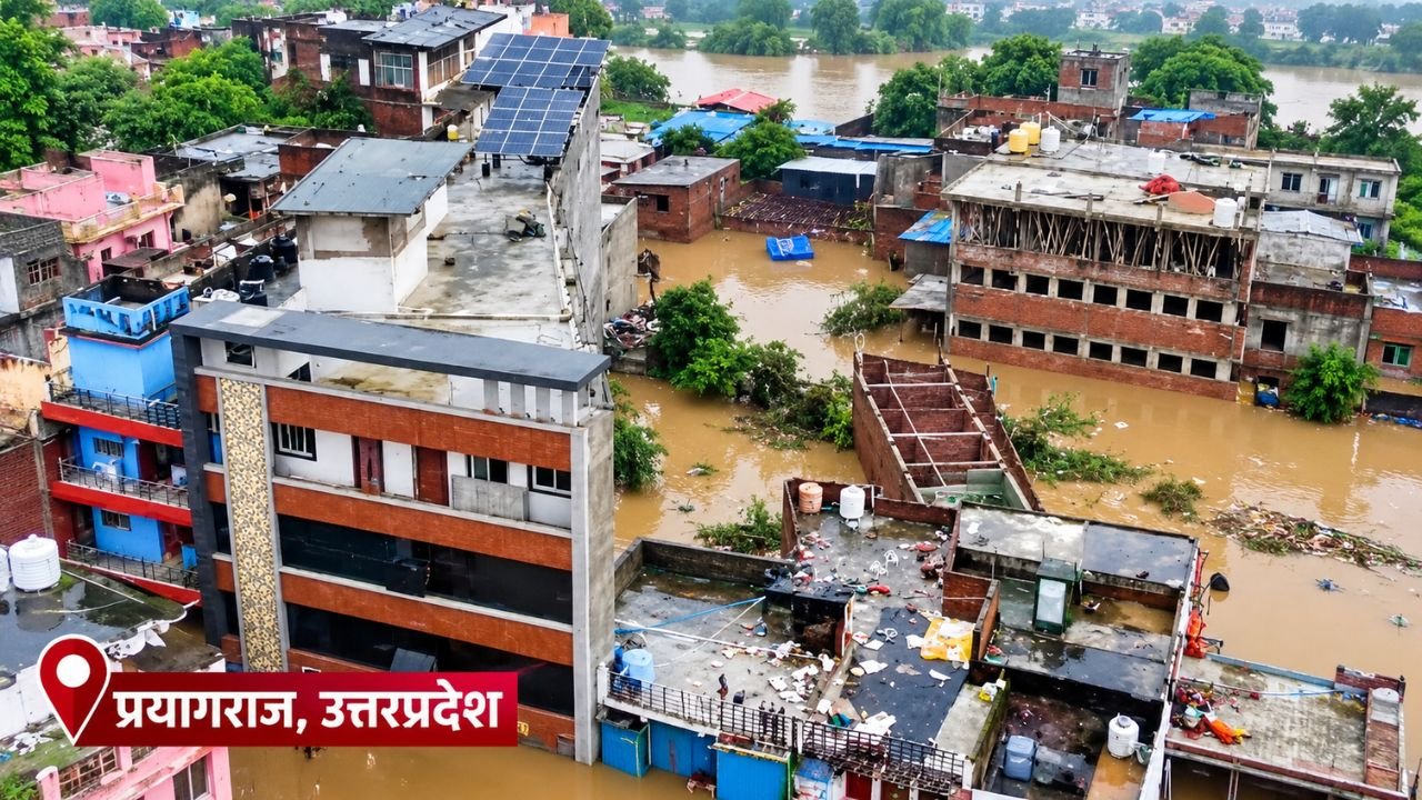 भारी बारिश और बाढ़ के कारण प्रभावित इलाके की तस्वीर।