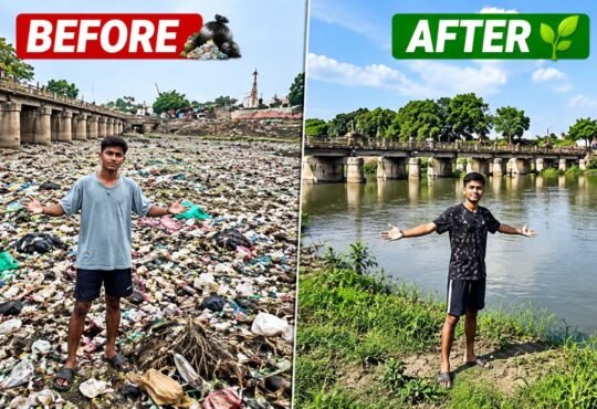 कचरे से भरी नदी की सफाई के बाद बदली तस्वीर दिखाता 21 वर्षीय युवक