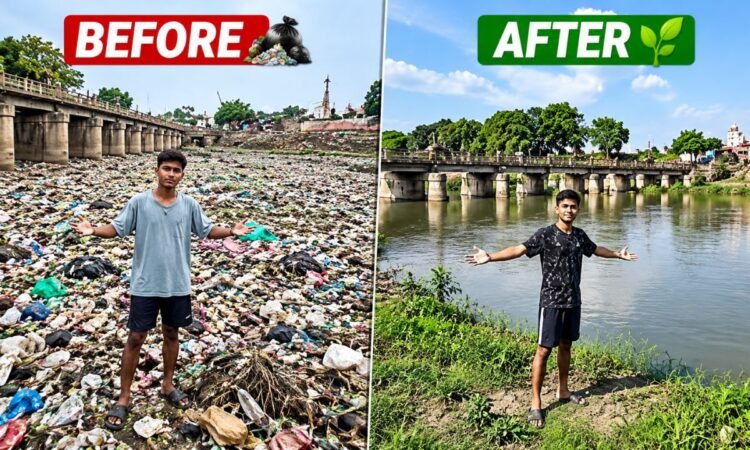 कचरे से भरी नदी की सफाई के बाद बदली तस्वीर दिखाता 21 वर्षीय युवक