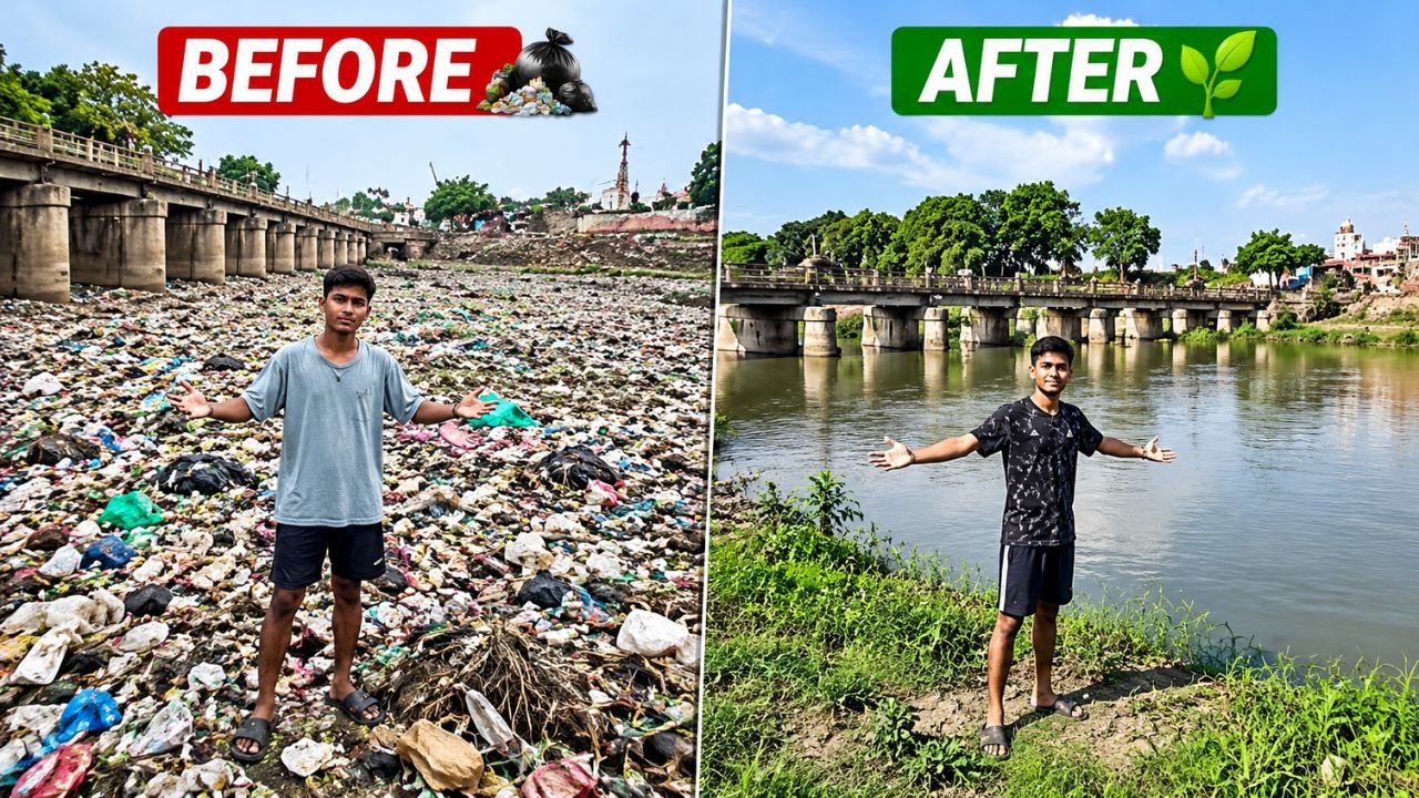 कचरे से भरी नदी की सफाई के बाद बदली तस्वीर दिखाता 21 वर्षीय युवक