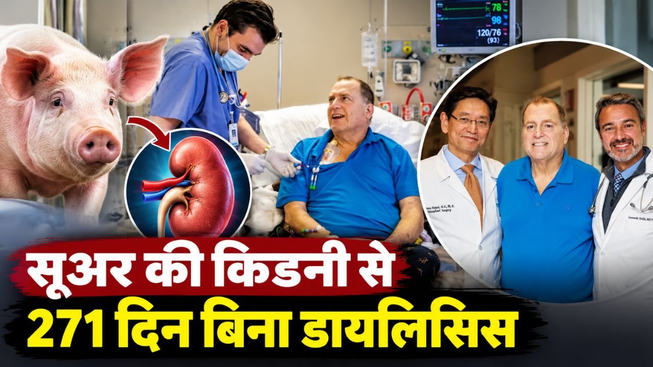 जेनेटिकली एडिटेड सूअर की किडनी से इंसान में ट्रांसप्लांट और मेडिकल साइंस की नई उपलब्धि का प्रतिनिधित्व करती तस्वीर।
